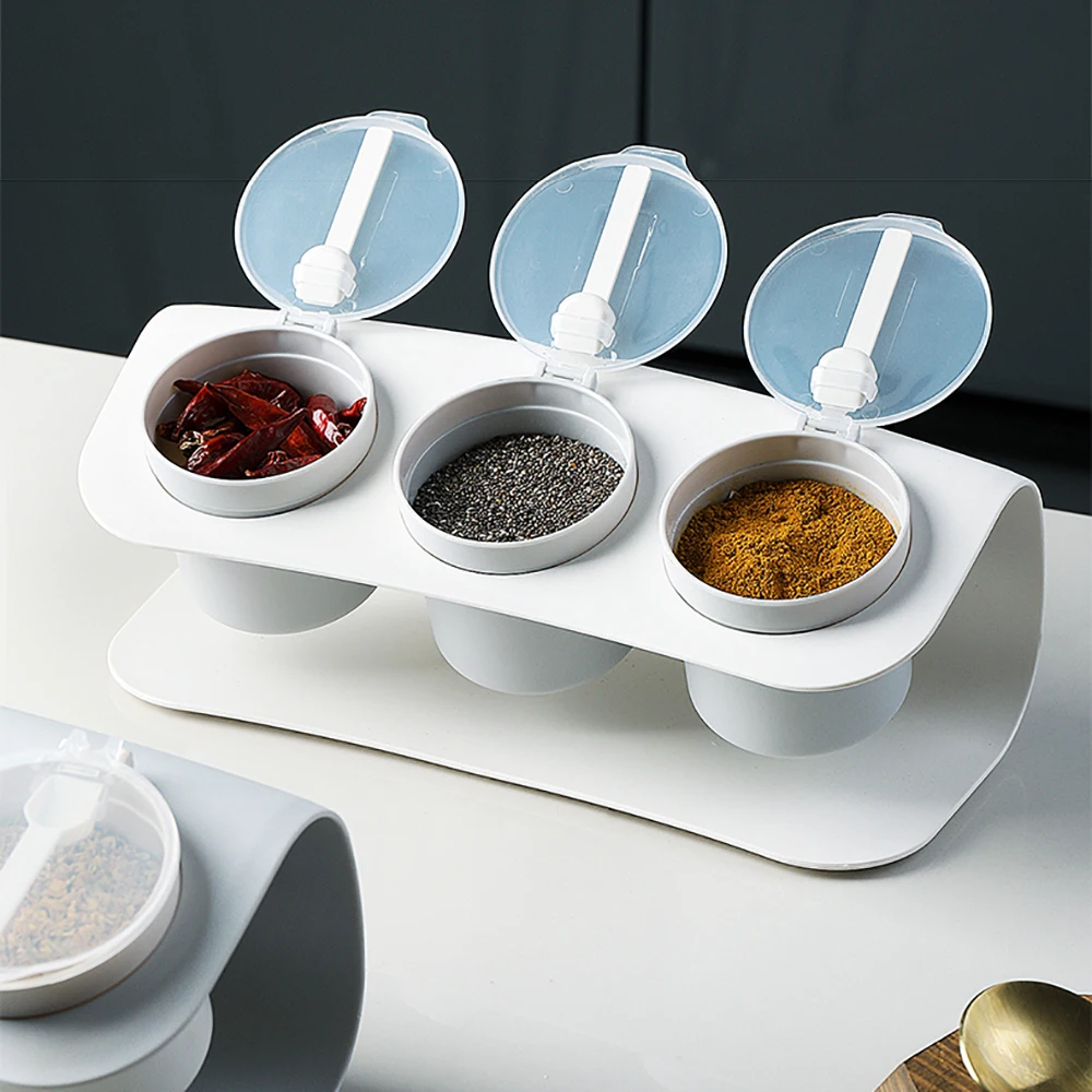 Полка для специй 3 ячейки кухонная ложка с крышкой контейнер приправ хранения