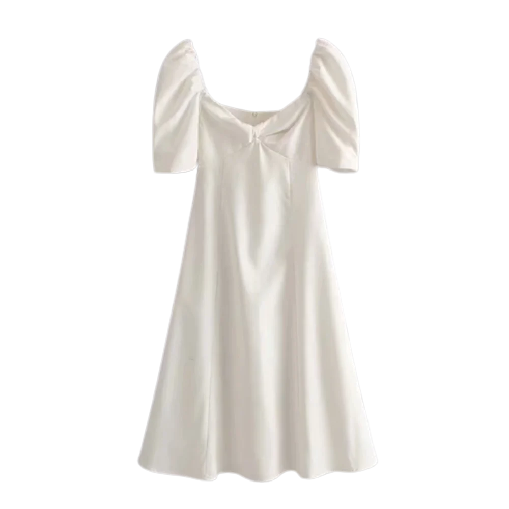 

2021 New Women Summer White Vintage Sexy Chic Long Dress Twist V Neck Puff Sleeve A-line Sundress