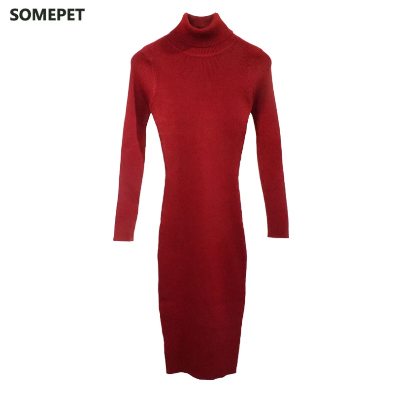 

New Autumn Winter Women Knitted Dress Turtleneck Sweater Dresses Lady Slim Bodycon Long Sleeve Bottoming Dress Vestidos