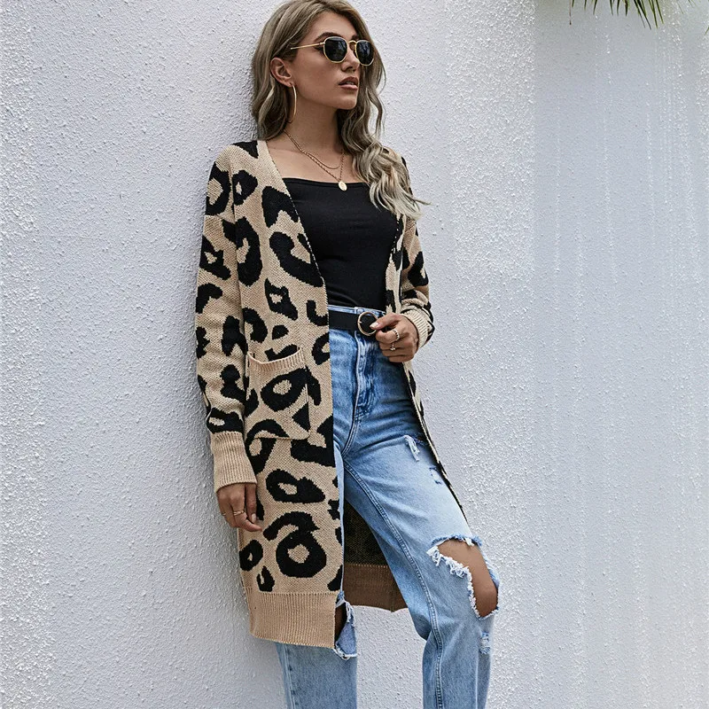 

Autumn and Winter Long Leopard Sweater Cardigan Sweater Coat Women Loose fashion casual jacket ladies sweater