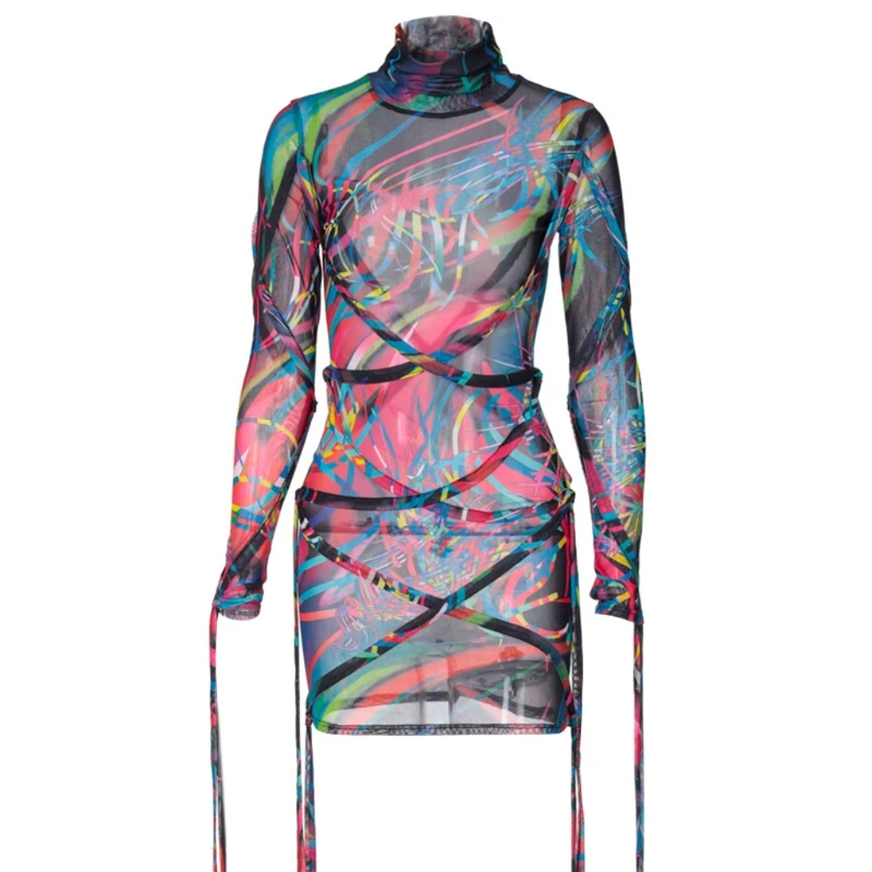 

Women Long Sleeve Turtleneck Colorful Sexy Sheer Mesh Bandage Bodycon Mini Dress