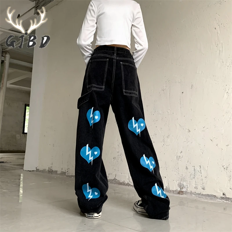 

High Waist Women Jeans Vintage Streetwear Letters Black Straight Baggy Denim Trouser Fashion Casual Autumn Ladies Wide Leg Pants