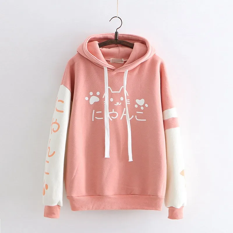 Autumn Winter New Japanese Women Harajuku Cute Cartoon Cat Hooded Hoodies Casual Women's Patch Color Velvet Sweatshirts | Женская