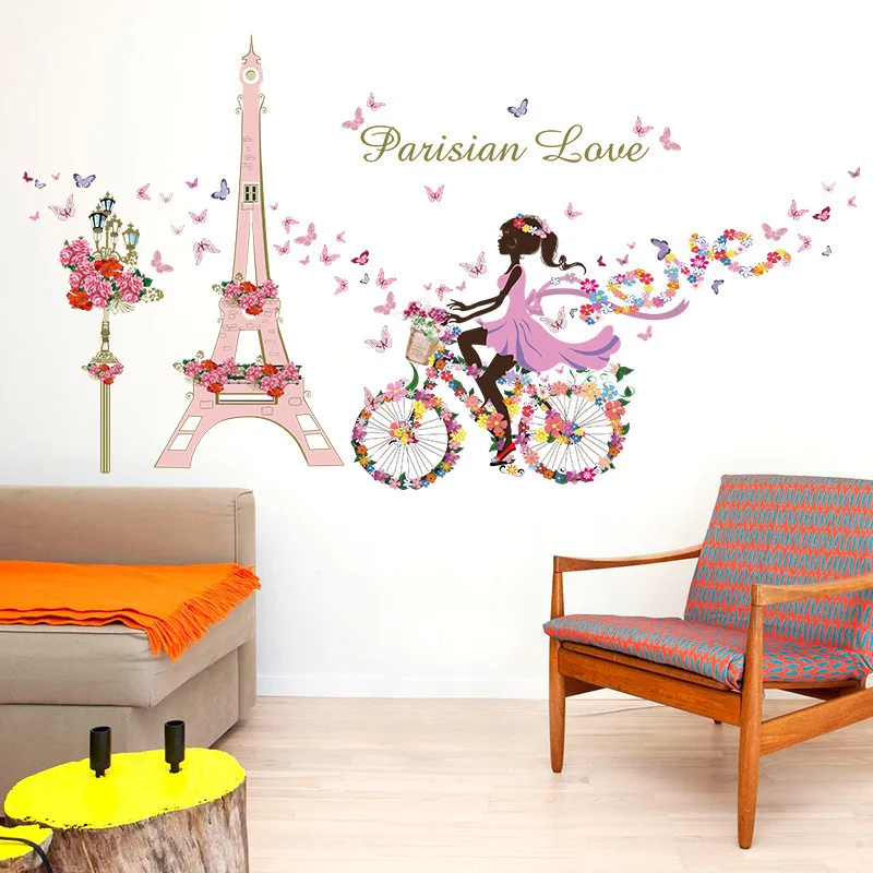 

Flower Fairy Bicycle Tower Girl Wall Stickers For Kid's Room Living Room Decoration Wall Decal Vinyl Wallpaper Mural PVC