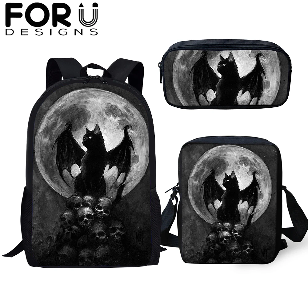 FORUDESIGNS/готический Черная кошка школьные сумки 3 шт./компл. для девочек и мальчиков Повседневное 3D Для женщин рюкзак ортопедический рюкзак детская дорожная сумка для книг