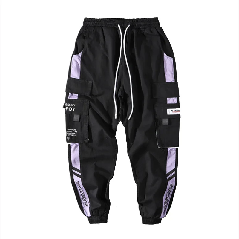

Hip Hop Ribbons Purple Cargo Pants Men 2020 Korean Fashion Streetwear Joggers Pants Pockets Elastic Waist Military SweatPant INS