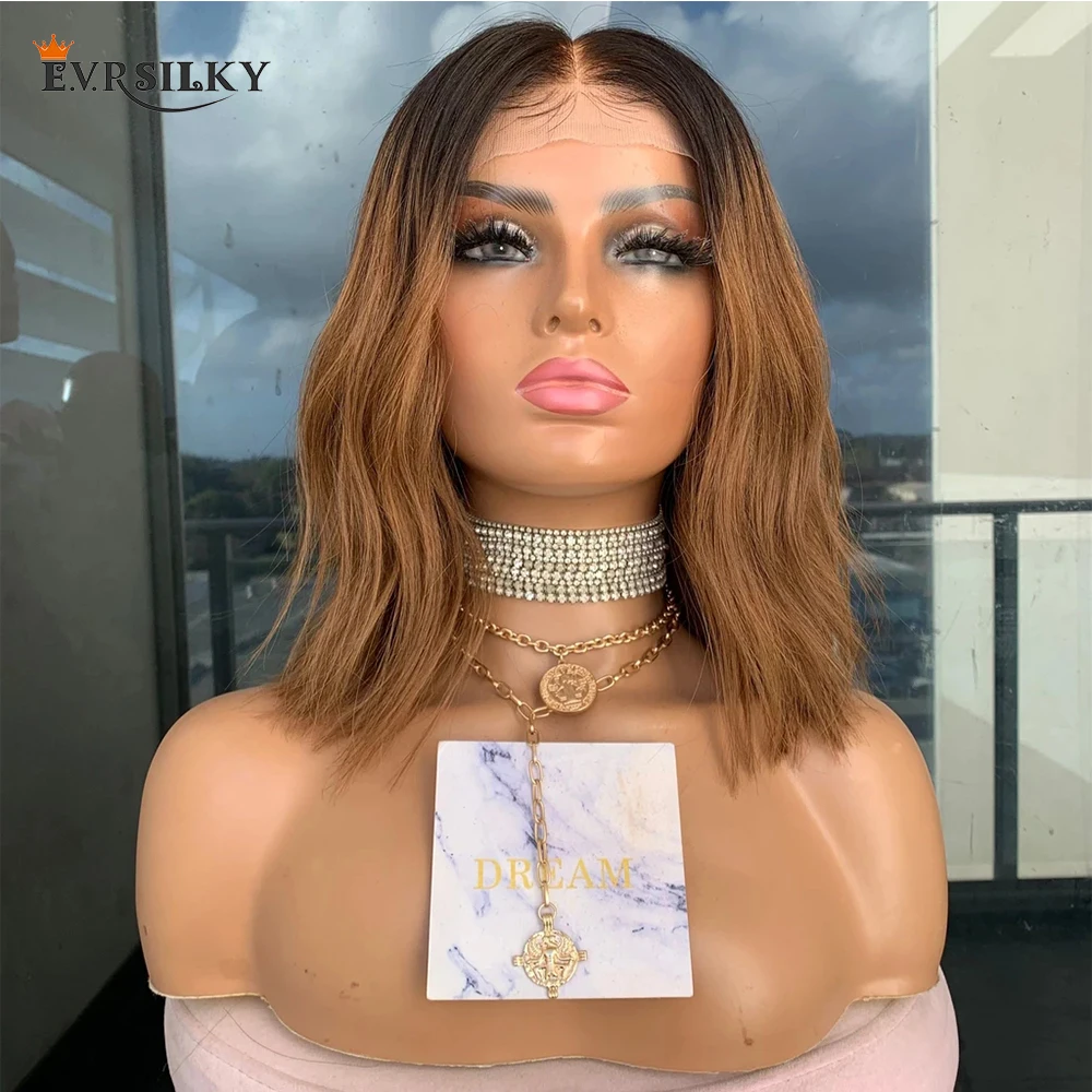 

Bob 13X6 Lace Front Human Hair Wigs Super Wavy Chocolate Brown Ombre 360 Lace Frontal Wig for Black Women Natural Hairline Remy