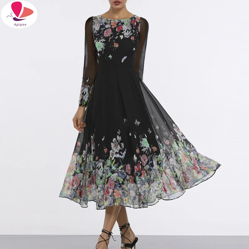 

Women Vintage Elegant Flower Printed Party Dress Long Sleeve O neck A-line Mid Dress 2021 New Fashion Chic Women Dress Vestidos