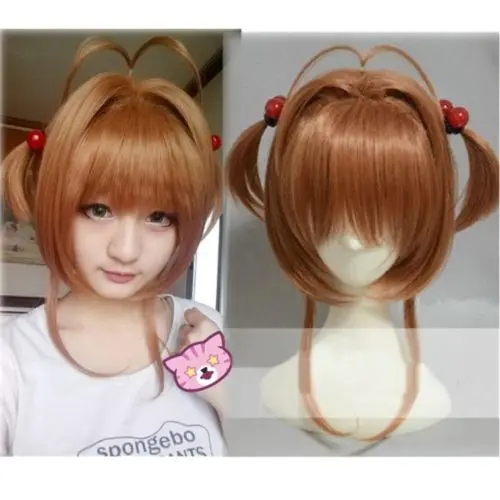 

High Quality Sakura Kinomoto Wig Anime Card Captors Sakura Cosplay Costume Wigs Halloween Costumes Hair + Red Balls Hairbands