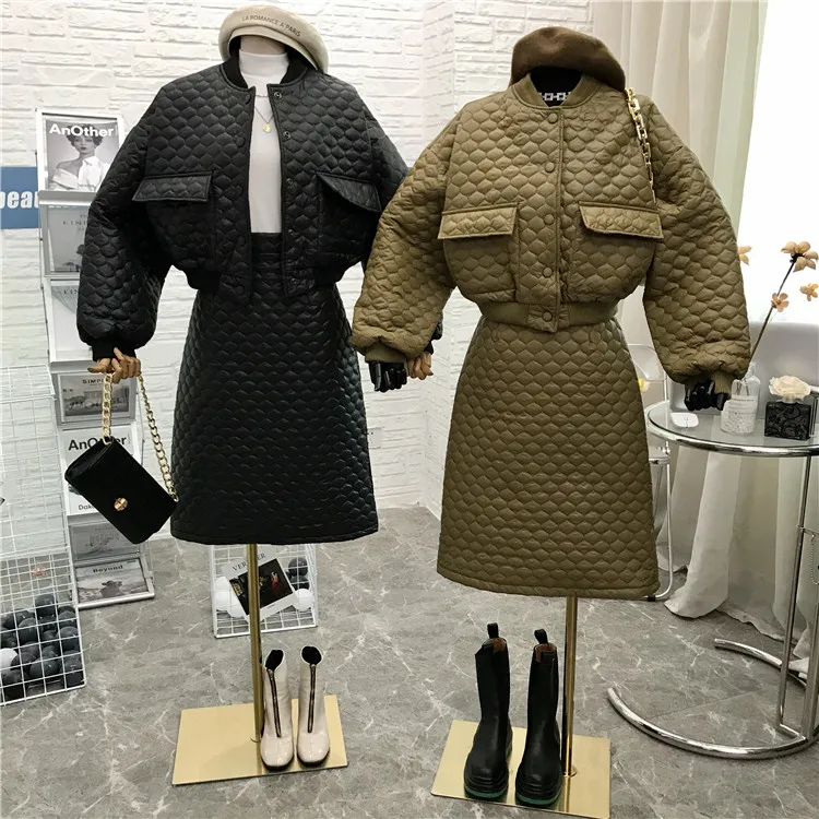 

New arrival winter warm cotton padded short jacket+high waist a-line two piece sets women