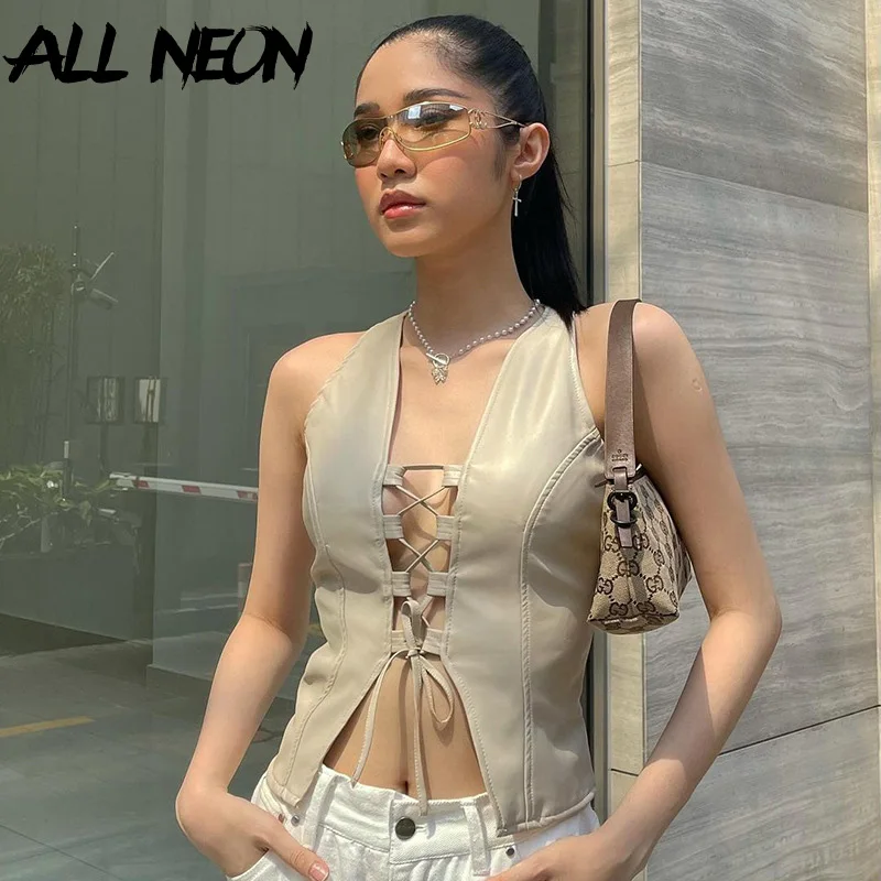 ALLNeon 2000s Streetwear Sexy Lace-Up PU Leather Vests Vintage Fashion V-neck Hollow Out Slit Sleeveless Crop Tops Summer Tanks