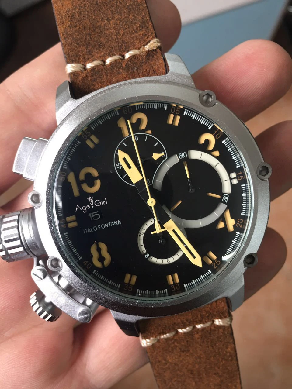 

New Automatic Mechanical Men's U CHRONOMETER U1001 Watch U-51 Chimera Silver Aged Brown Cow Leather Boat Watch Black Gold