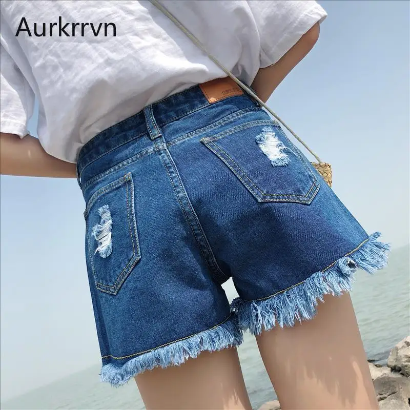 

Aurkrrvn Ripped Blue Denim Shorts Women Fashion Pocket Mid Waist Frayed Fringe Summer Female Casual Straight Jean Shorts Denim