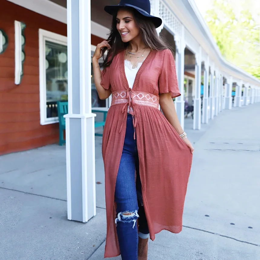 Женское хлопковое кимоно кардиган кружевное длинное пляжное платье макси