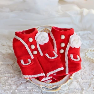 Handmade Unique Design Winter Dog Clothes Pet Supplies Couple Dress Adorable Vest Jacket Red Woolen Fair Lady Style Christmas