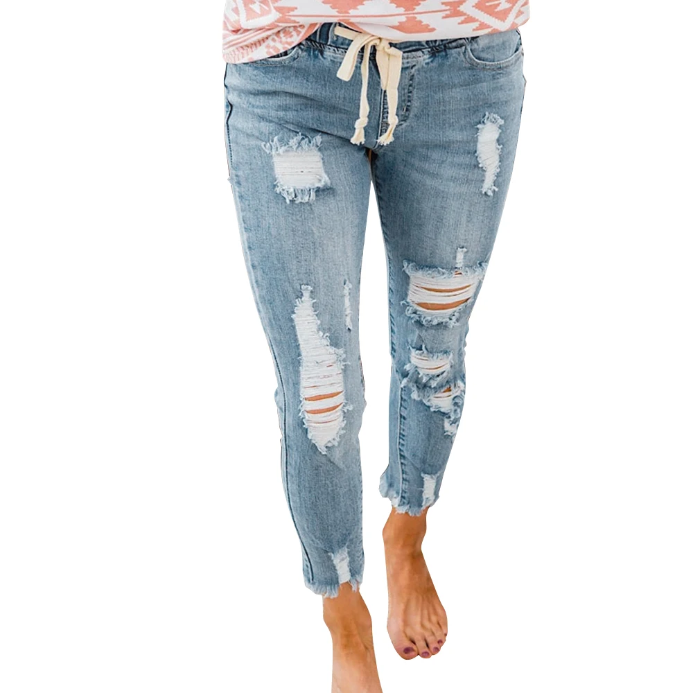 

Plus Size Drawstring Ripped Jeans for Women Street Style Sexy Distressed Trouser Stretch Skinny Hole Denim Pencil Pants D30