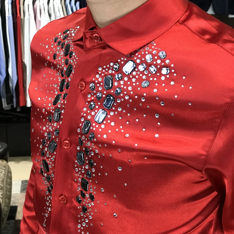 2020 New Brand Fashion Casual Men Shirts Business Slim Fit Red diamond sequins Auger Social Shirt Male Singer Stage Mens Shirt