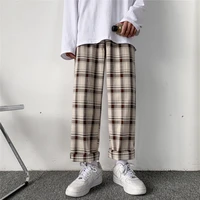 qweek 2021 causal checked wide leg pants streetwear fashion bottoms harajuku pants breathable plaid trousers men linens korean