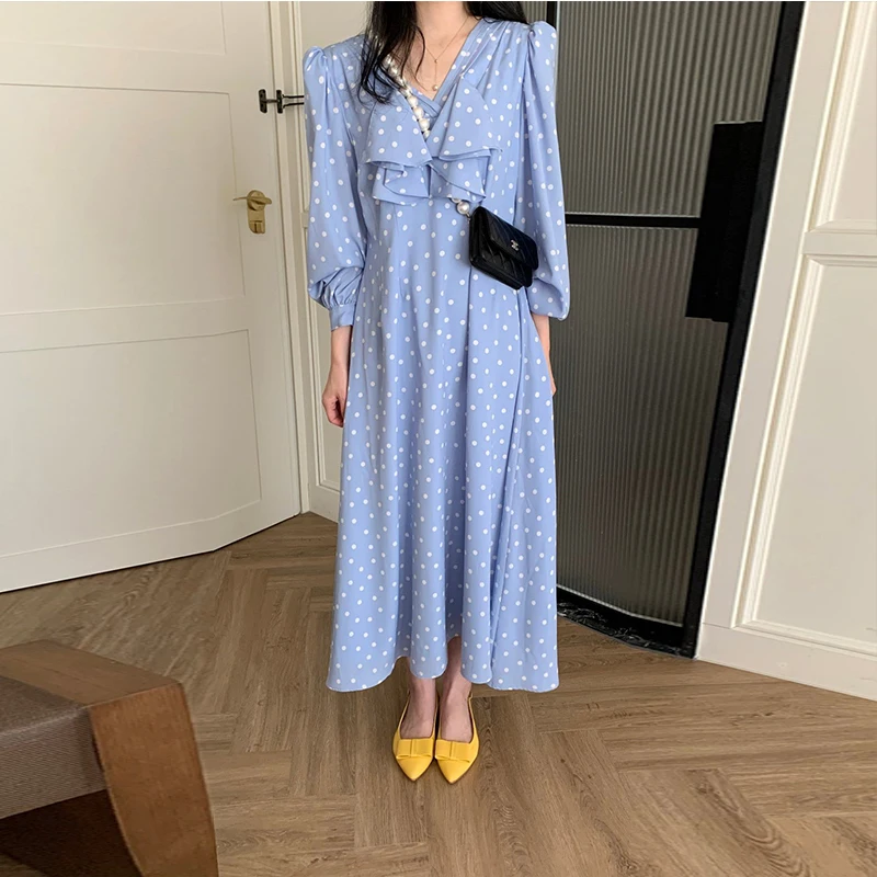 

RUGOD Blue Chiffon Summer Woman Dress V Neck Pullover Casual Holiday Dresses for Women Full Sleeves Loose Fit Long Vestidos 2021