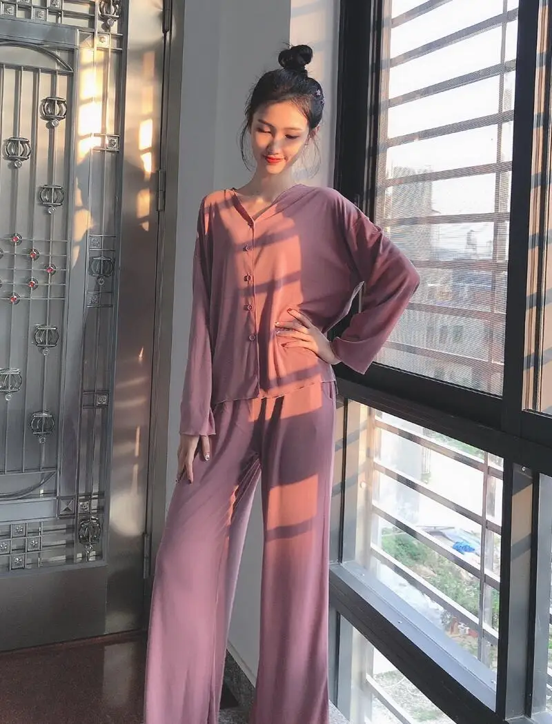 

2021 New Pajama Women's Spring Modal Cotton Long-Sleeve Plum-size Mosaic Cardigan Long-sleeve Homewear Sets Sleepwear
