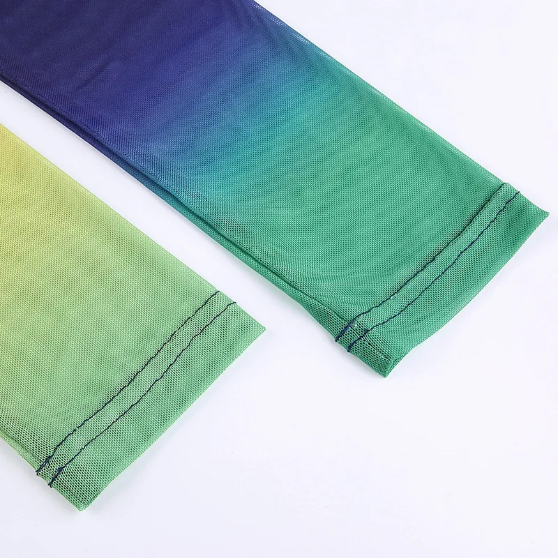 

2021 Summer New Style Fashion Rainbow Perspective Sexy Gradient Mesh Round Neck Long Sleeve Knee-Length Dress For Women Party