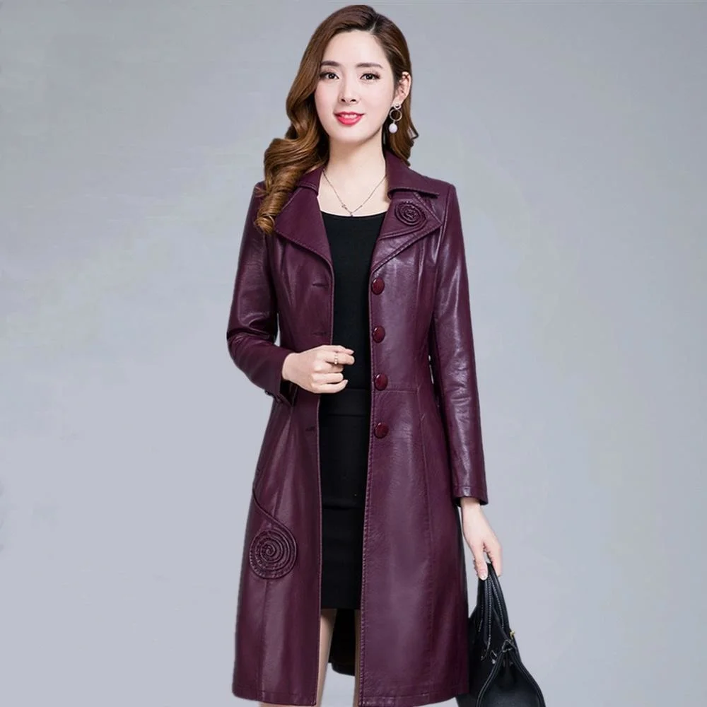 

Women's Clothes Pu Faux Leather Coat Jackets Turn-down Collar Long Large Sizes Loose Temperament Manteau Outerwear Female