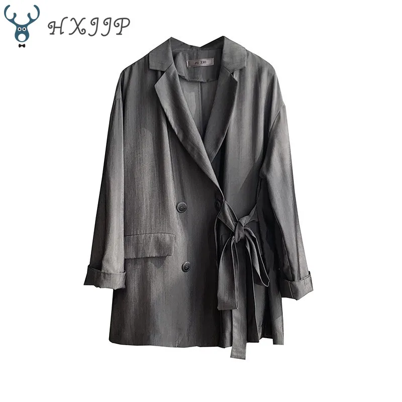 

HXJJP 2020 Spring New Women Blazer Black Long Sleeve Korean Loose Thin Versatile Casual Suit Coat Solid OL Jackets with Belt