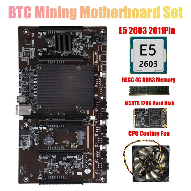 

X79 H61 BTC Mining Motherboard with E5 2603 CPU RECC 4GB DDR3 Memory 120G SSD+Fan 5X PCI-E Support 3060 3070 3080 GPU