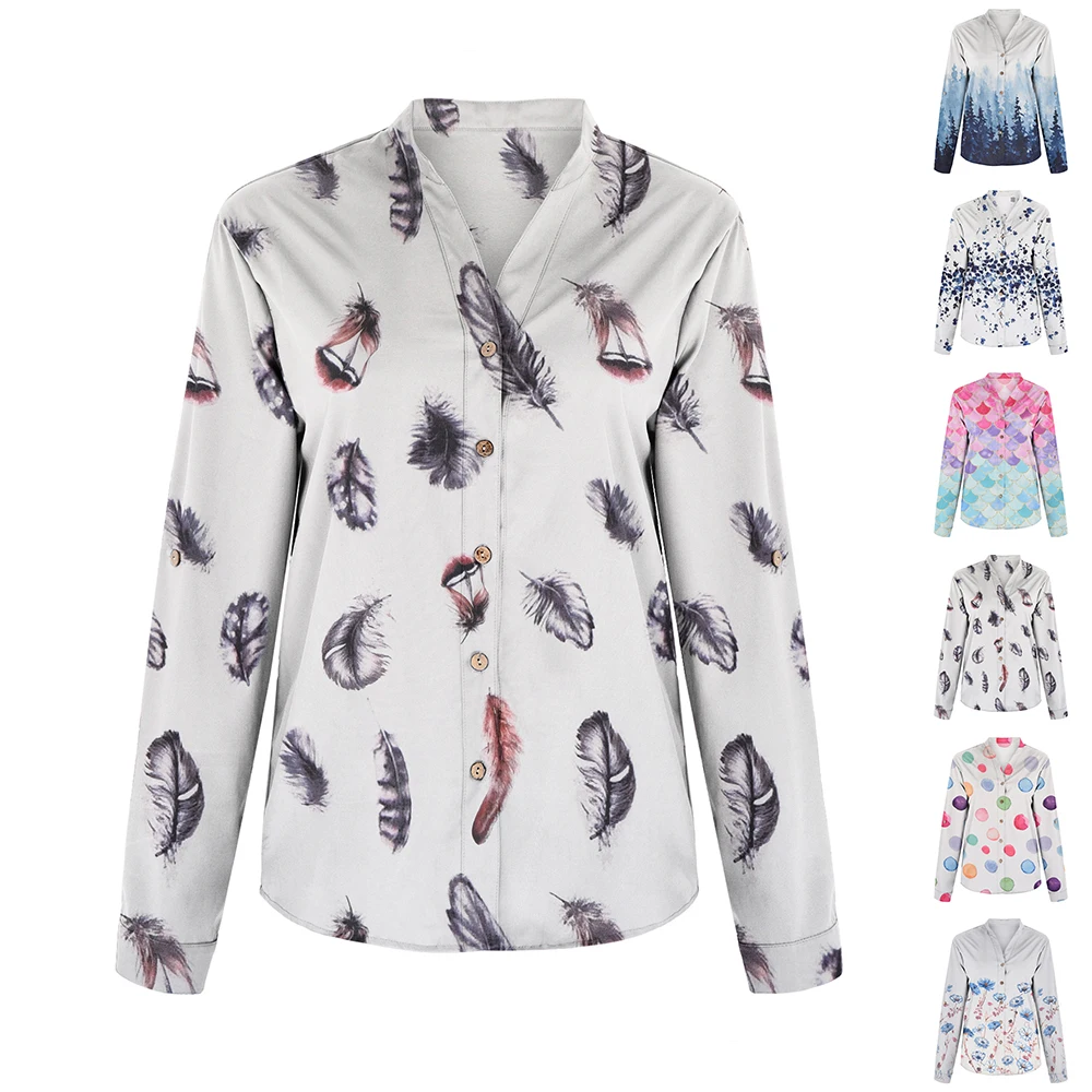 

Contrast Tie-dye Women Shirts Long Sleeve Shirt Ladies Autumn V-Neck Autumn Blouses Casual Top Printed Button Blouse