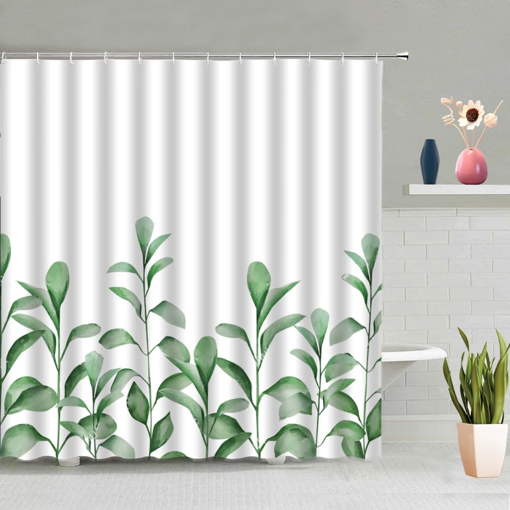 

Green Leaves Plants Shower Curtain Sets Vines Blue Flowers Fresh Simple Bathtub Decoration Screen Waterproof Fabric With Hooks