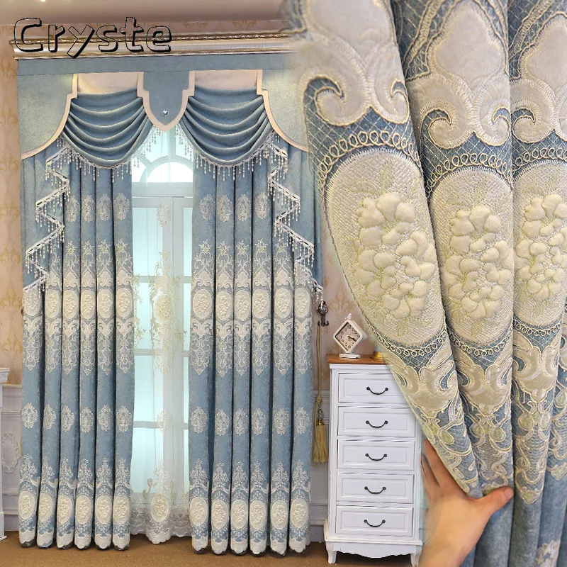 

European Embossed Embroidered Chenille Curtains Embroidery Custom Shading Curtains for Living Dining Room Bedroom