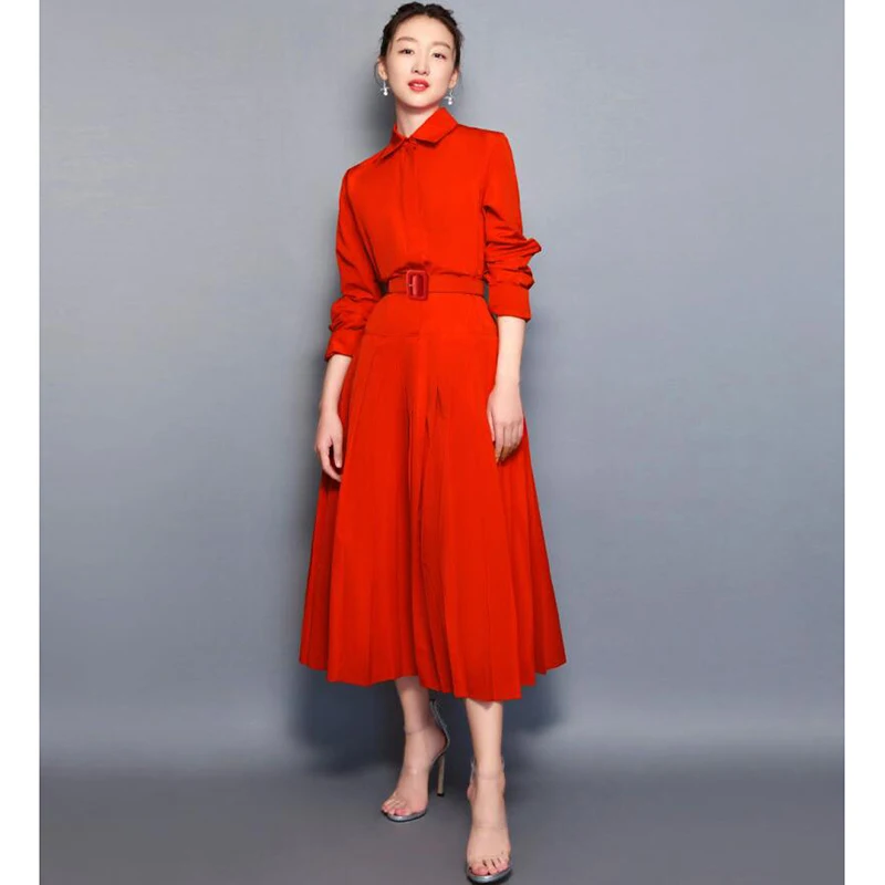 

Dress for Women High Quality New Autumn Runway Turn Down Collar Long Sleeves Solid Elegant Office Dresses Vestidos NP1757J
