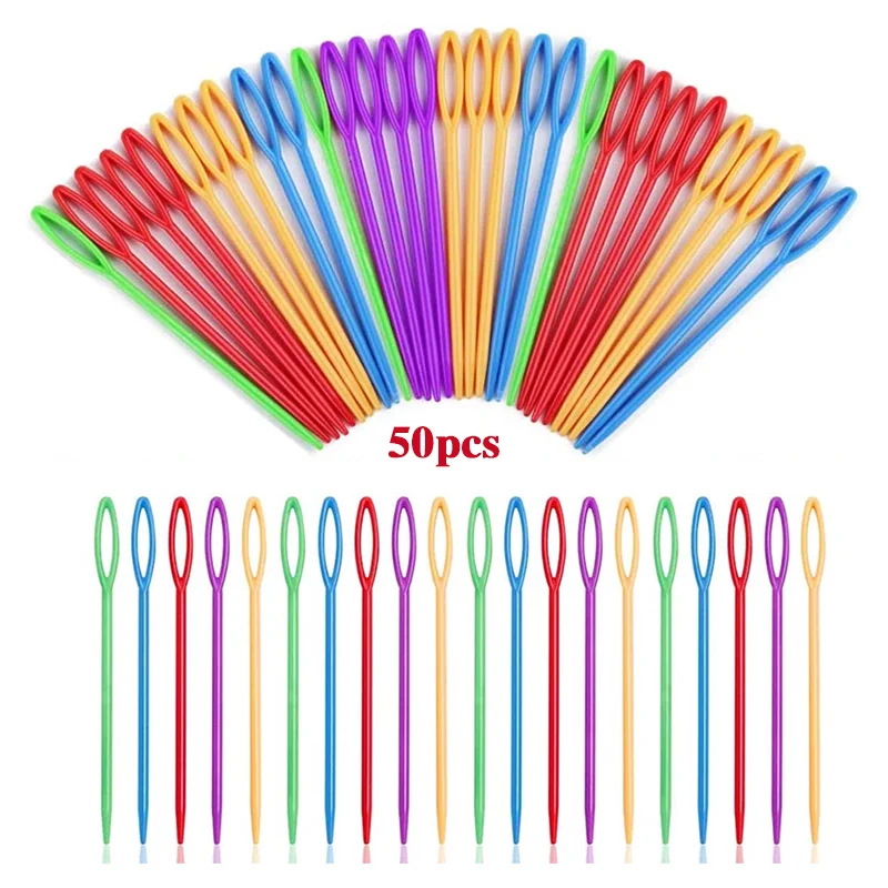 

LMDZ 50 Pcs Large Eye Plastic Needles(3.5Inch/9cm), Safety Plastic Lacing Needles, Blunt Needles Learning Needles for Sewing