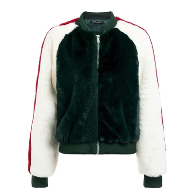 

Fur Bomber Women Short Jacket Patchwork Zipper Winter Hip-hop Lady Outerwear Autumn Vintage Color Matching Furry Faux Fur Coat