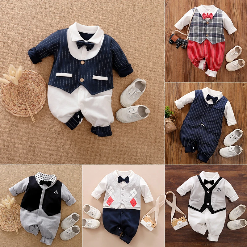 

YiErYing Newborn Baby Rompers Spring Autumn Jumpsuit Overalls Gentleman Cotton Outfit with Bow Tie Costume