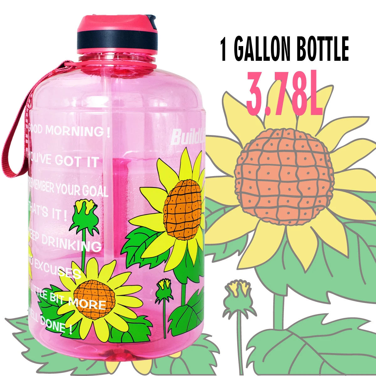 Sun Flower BuildLife 1 галлон бутылка для воды с соломенным маркером времени 3.78л 128 унций BPA бесплатно пластиковая большая емкость фитнес спорт воды кувшин - Цвет: Sun Flower