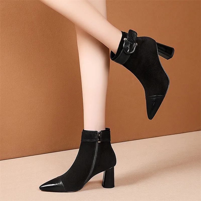 

Meotina Kid Suede High Heels Short Boots Women Shoes Buckle Real Leather Ankle Boots Pointed Toe Block Heels Zip Lady Boots 41