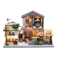 new japanese architecture style diy sakura wooden dollhouse model miniature with furniture kit toys for children friend gift