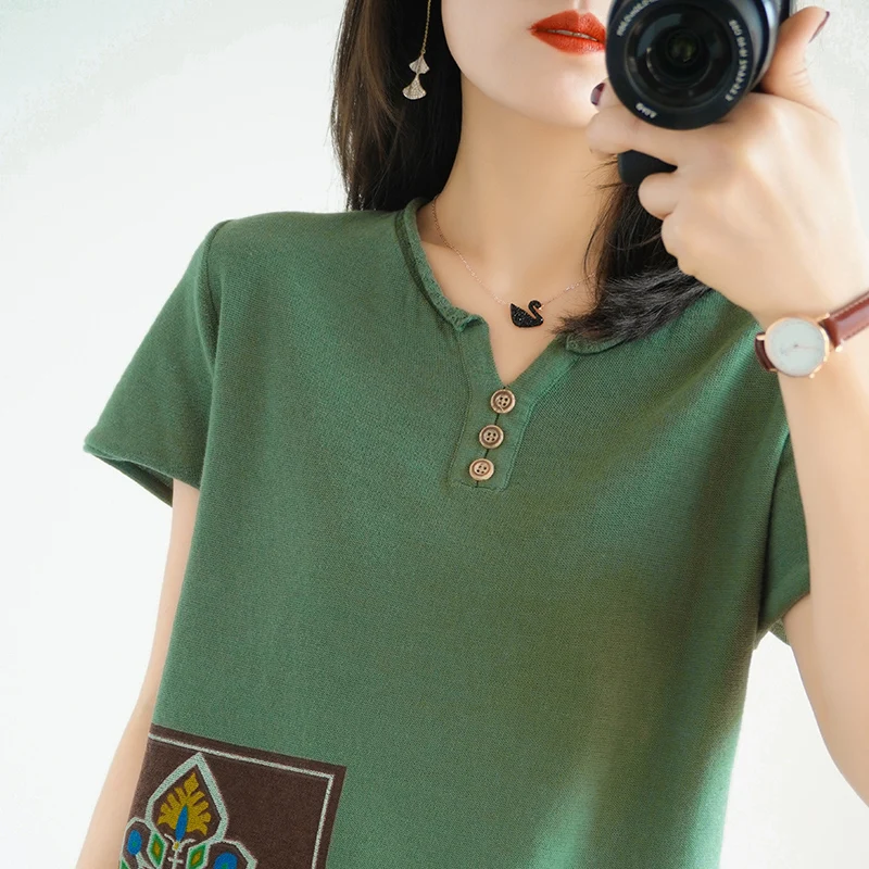 

2021 Summer Thin Pure Cotton Thread Knitted Short-Sleeved Fashion New V-Neck T-Shirt Women's Pullover Short Large Size Loose Top