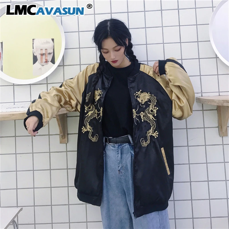 LMCAVASUN Harajuku панк BF Style куртка с вышивкой дракона молния бомбер бейсбольная 2019 Осень