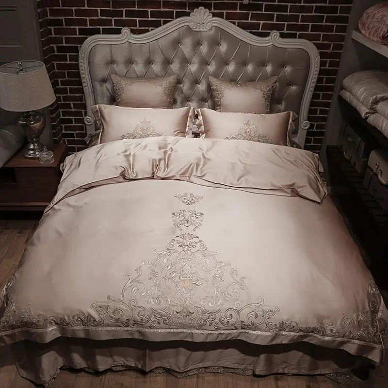 

Gold silver luxury embroidered Bedding Set 60Stencel silk soft bedclothes 4/6pcs king queen size duvet cover sets bed sheet set