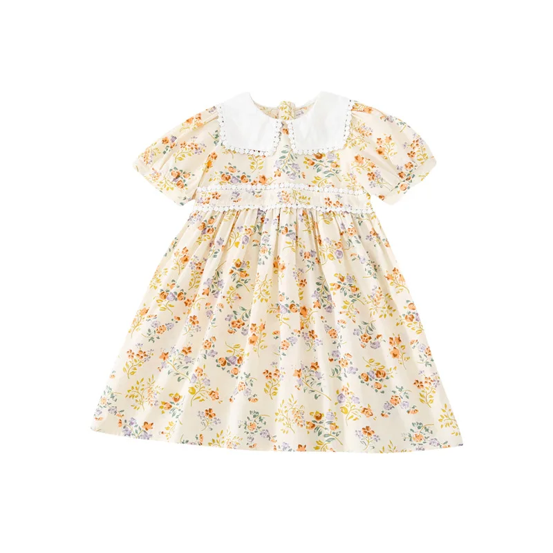 

2021 Summer Girls Floral Dress Vintage Baby Girl Short Sleeve Flower Princess One Piece Dresses Korean Style Kids Casual Robe