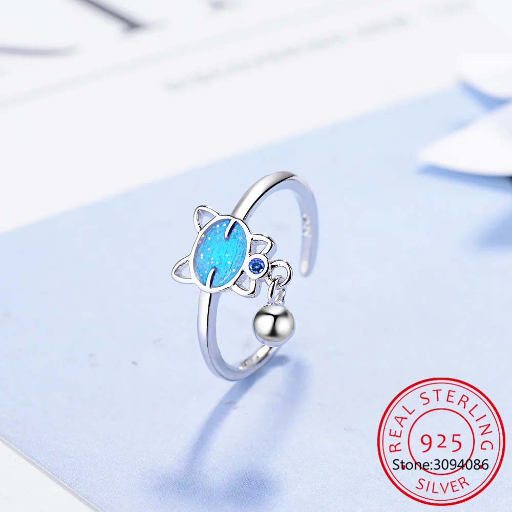 

925 Sterling Silver New Woman Fine Jewelry High Quality Blue Kitten Bell Crystal Zirconia Ring Size Adjustable Ring