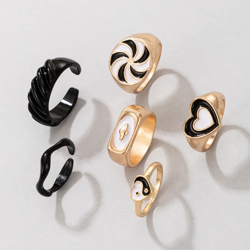 

Boho Enamel Adjustable Open Rings Set for Women Heart Flower Geometric Statement Knuckle Finger Rings Party Jewelry Wholesale