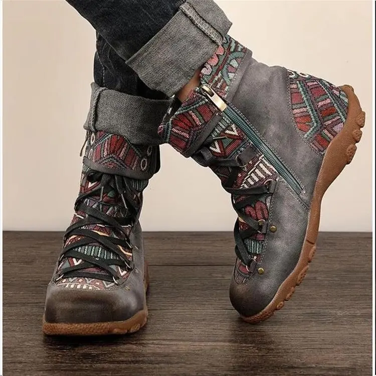 

New Winter Women Boots Bohemian Retro Leisure Embroidery Stitching Zipper Ankle Boots Comfortable Women Flat Shoes