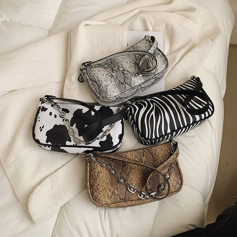 

Minimalist Zebra Print Women's Baguette Bag PU Leather Metal Chain Decor Snakeskin Print Shoulder Bags for Women Handbags