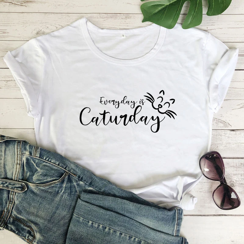 

Everyday Is Caturday Cat Mom Tshirt Funny Graphic Mama Women T-shirt Kawaii Short Sleeve Top Tees Cotton O Neck Mother Shirts