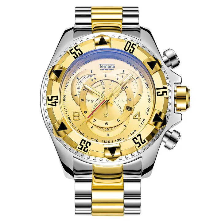 GOLD TEMEITE модные негабаритные кварцевые часы мужские военные мужские s часы лучший бренд класса люкс стальной ремешок дисплей с датой аналоговый синий наручные часы - Цвет: GOLD