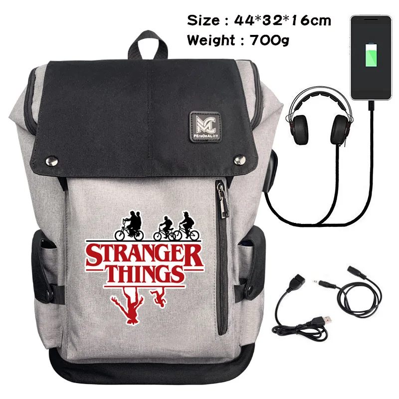 

Backpack Stranger Things Dustin Canvas Headphone Travel USB Charging Laptop Bag Teenager Student Zip Cartoon Schoolbag Rucksack