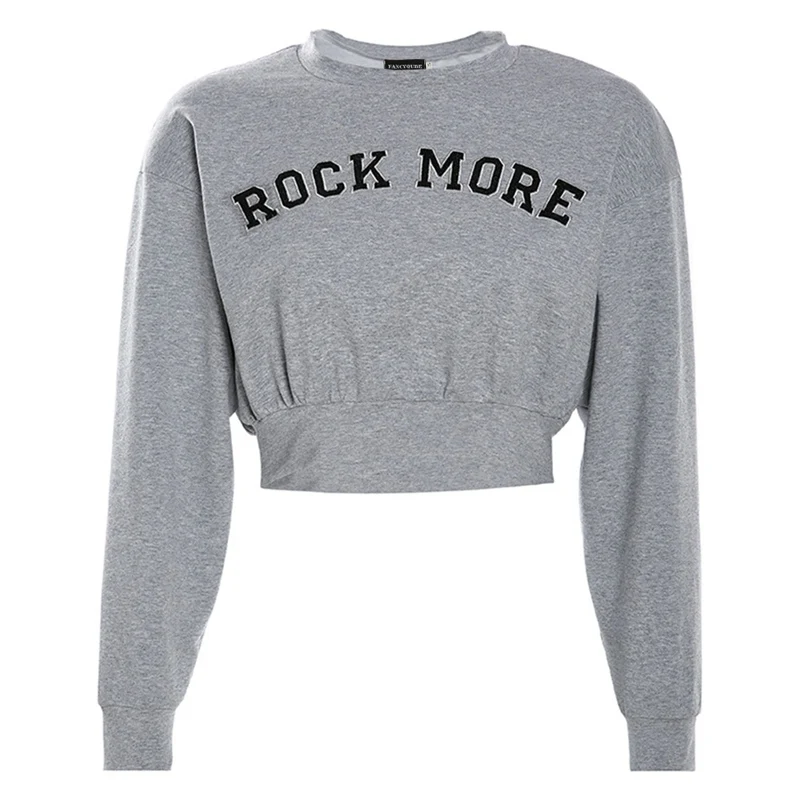 

ROCK MORE Letter Print Crop Top Sweatshirt O-Neck Draw Back Cropped Women Hoodies Gray Casual Woman Sweatshirts Top Clothing